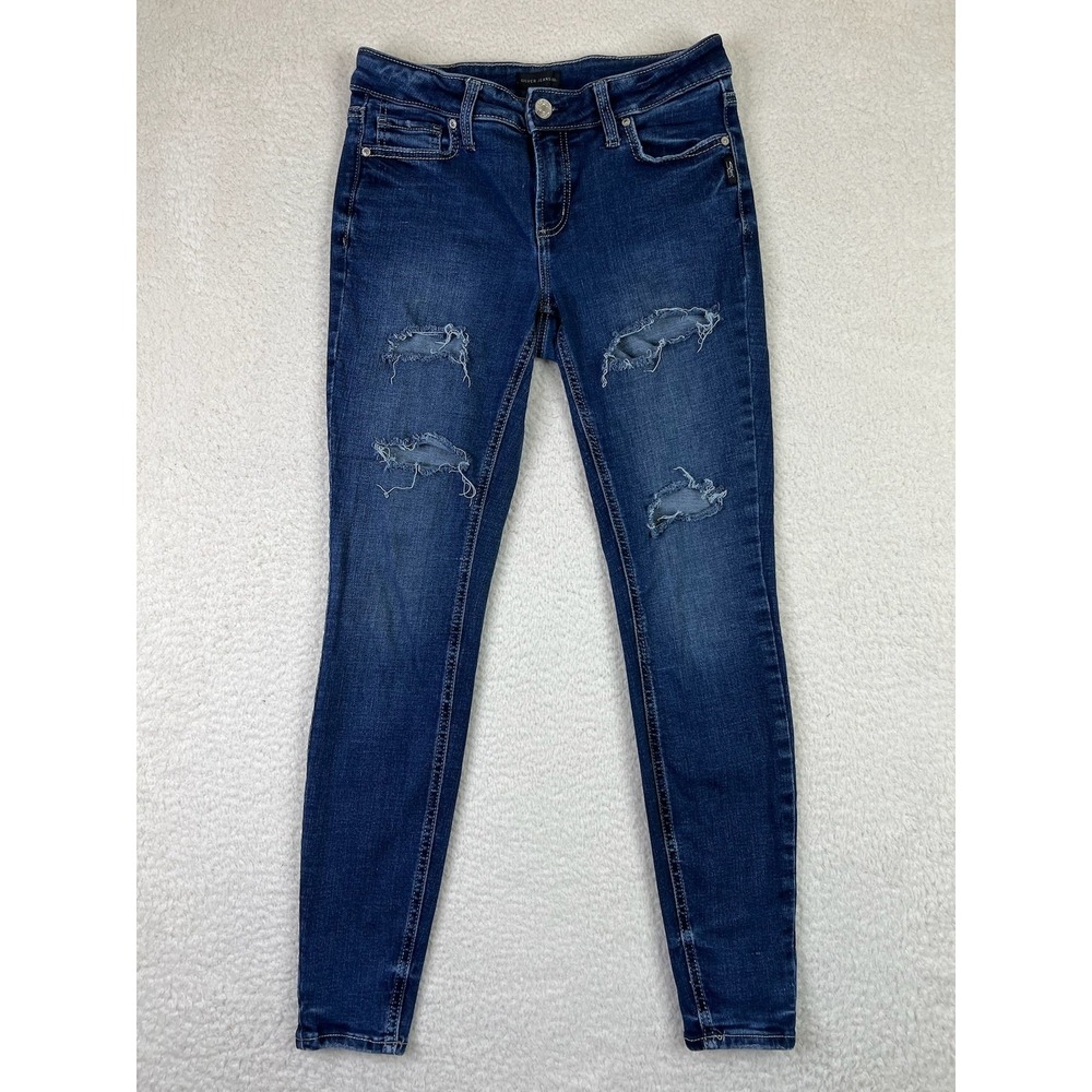 Silver Jeans Elyse Skinny Jeans Womens 27x31 Blue Distressed Stretch L03115EA432